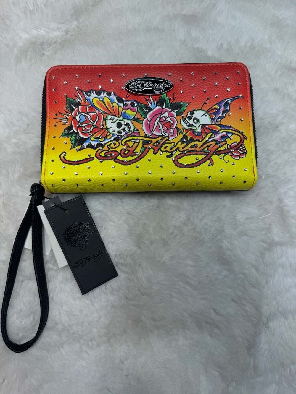 Ed Hardy Skull and Rose Tattoo Graphic Ombre Zip Around Wallet Wristlet